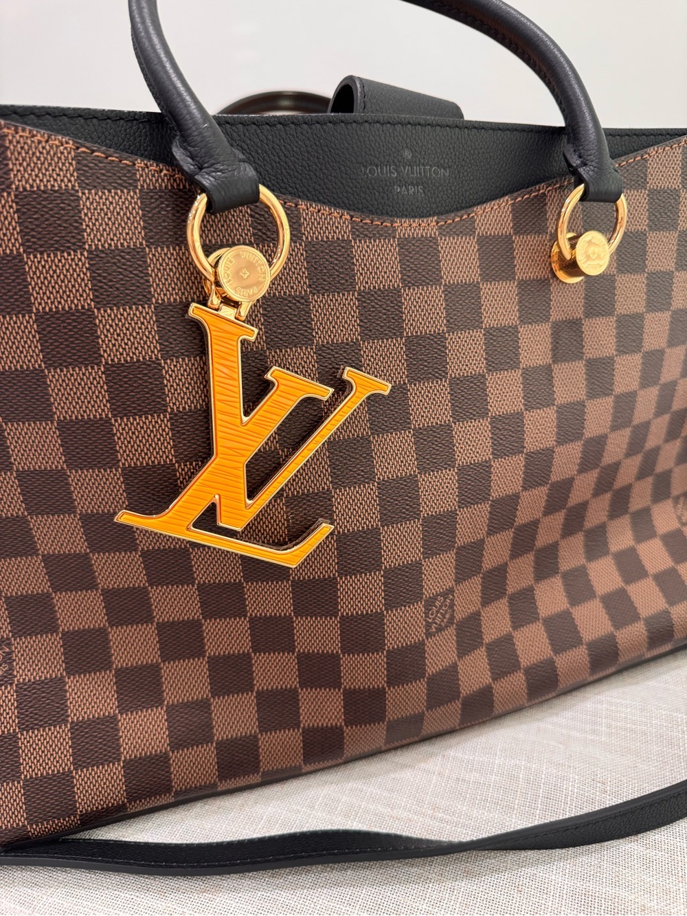 Louis Vuitton Brown Damier Ebene Canvas Tote with Black Trim and Yellow LV Charm - Picture 13 of 15